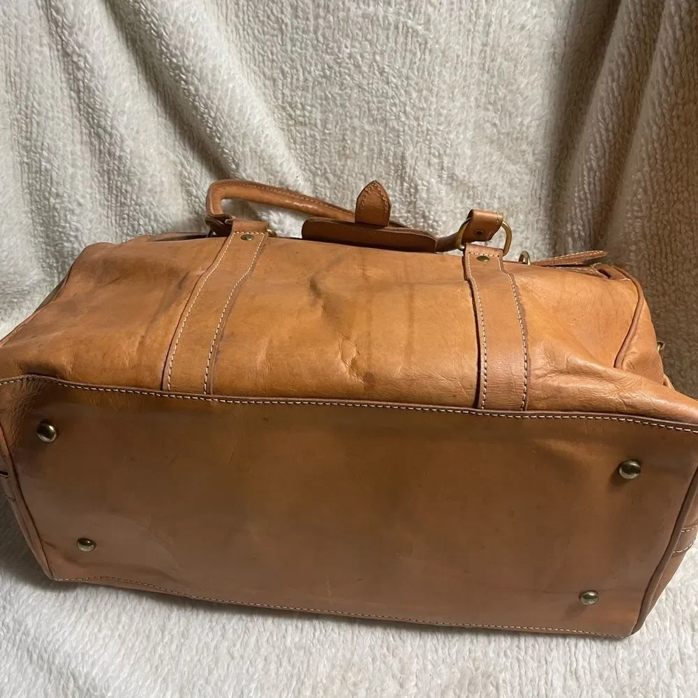 Classic Tan Leather Duffel travel weekender Bag gold tone hardwares